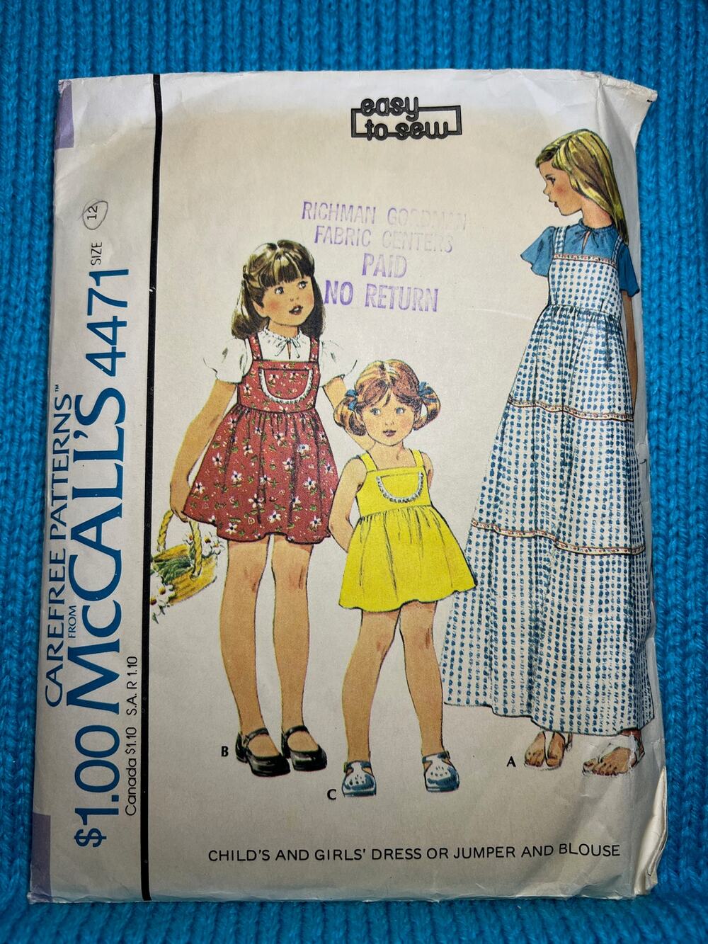 McCalls 4471 pattern girls jumper fit and flare 1970s size 12